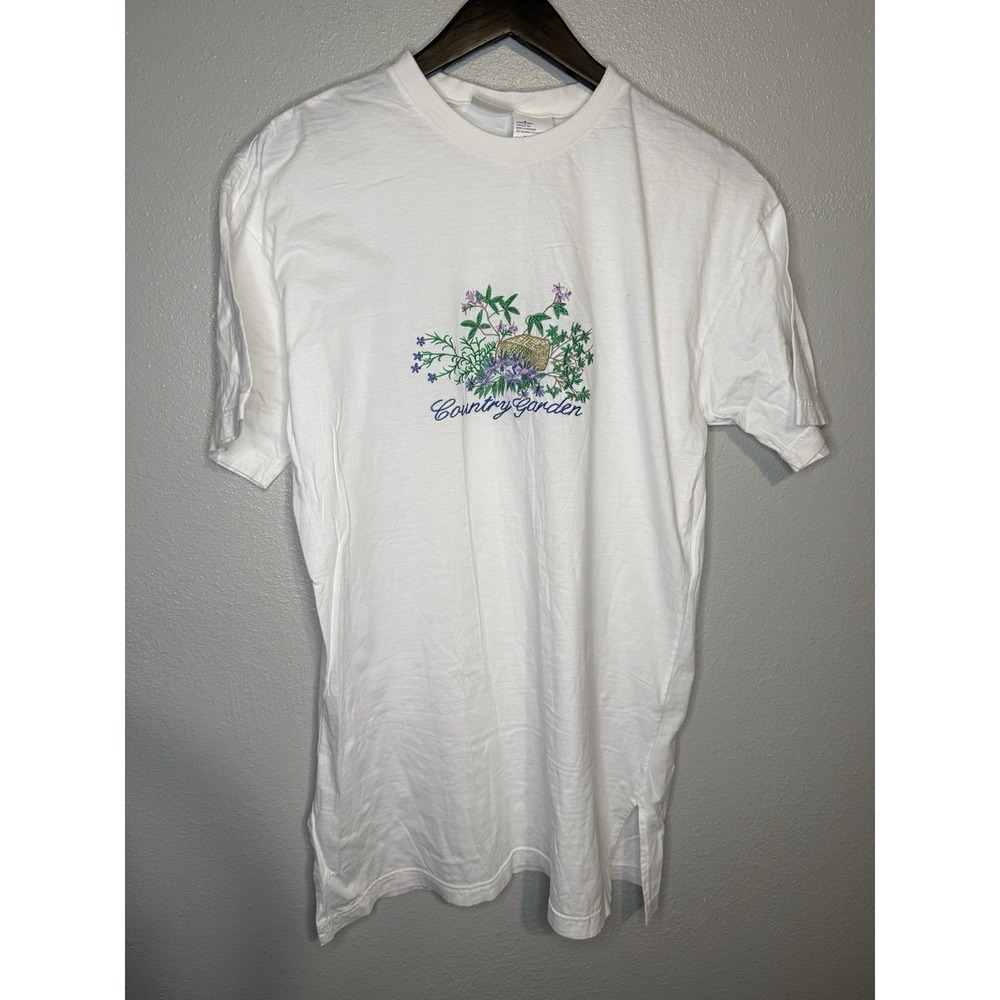 Vintage T-Shirt‎ Tunic Womens one Size White Knit Embroidered Country Garden